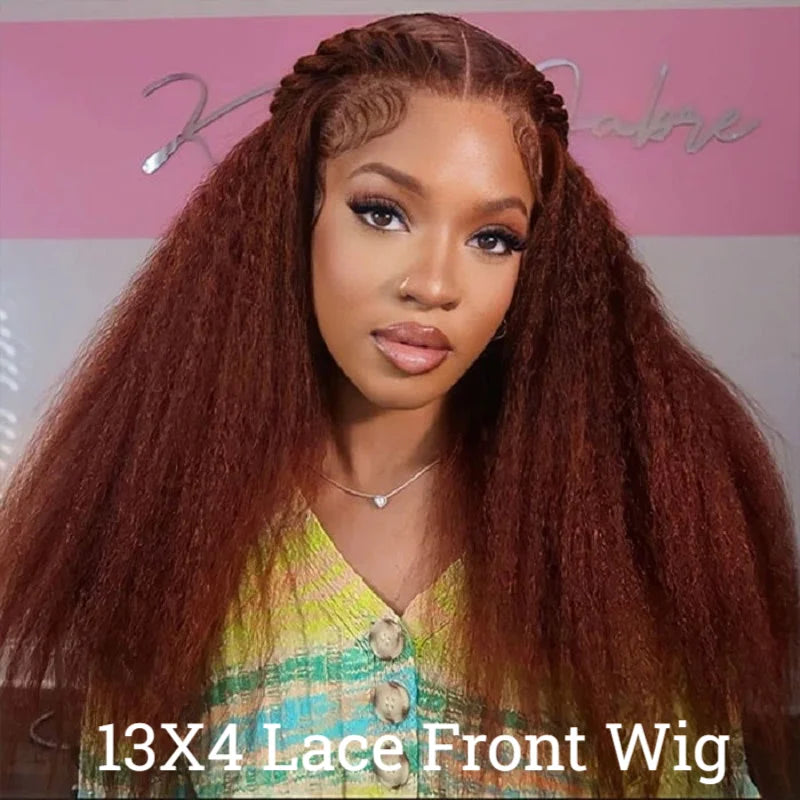 13X4 Reddish Brown Kinky Straight Lace Frontal Wig Human Hair Auburn Copper Yaki Straight 4x4 Transparent Lace Closure Wigs