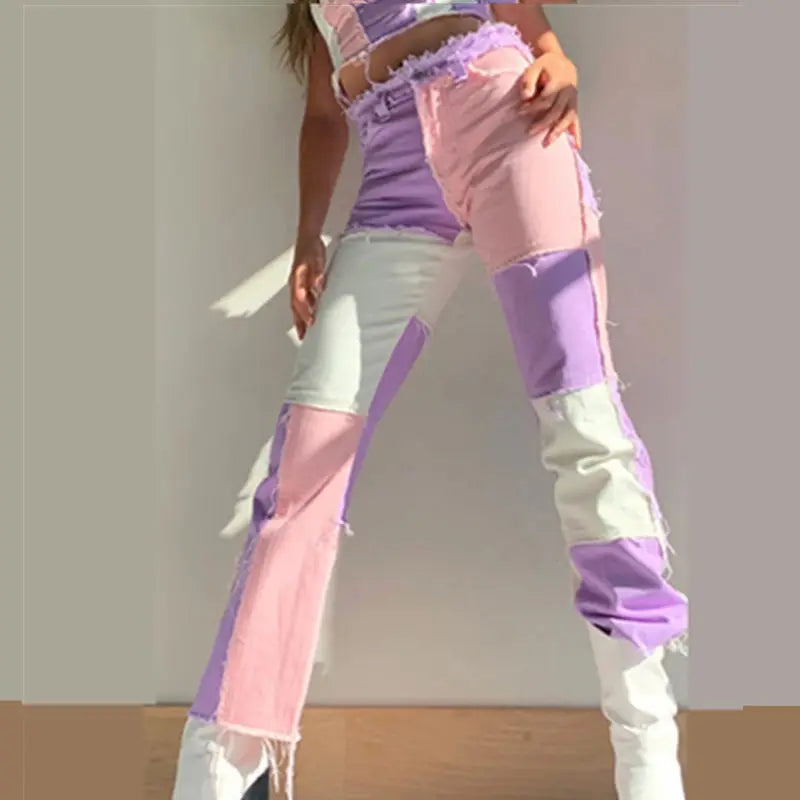 Variegated Patchwork Women's Straight Skinny Jeans Vintage High Waist Boyfriends Denim Distressed Streetwear Female Denim Pants