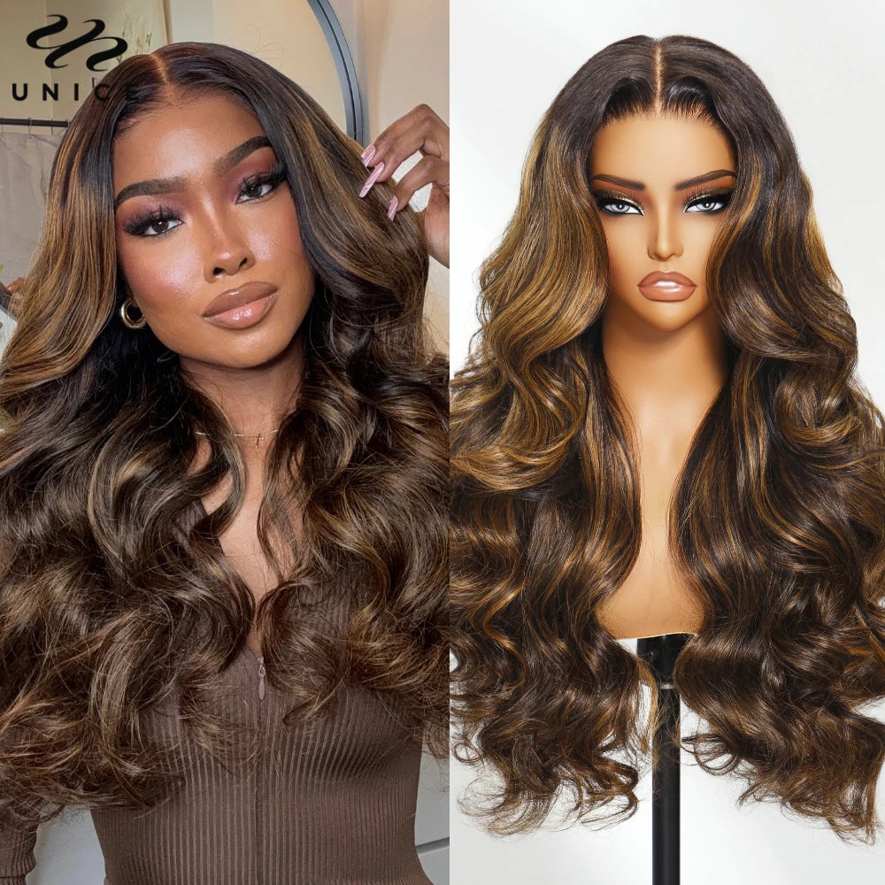 UNice 7x5 Bye Bye Slip™ Glueless Wig Balayage Highlight Body Wave Human Hair Wig With Drawstring 150% 180% Density