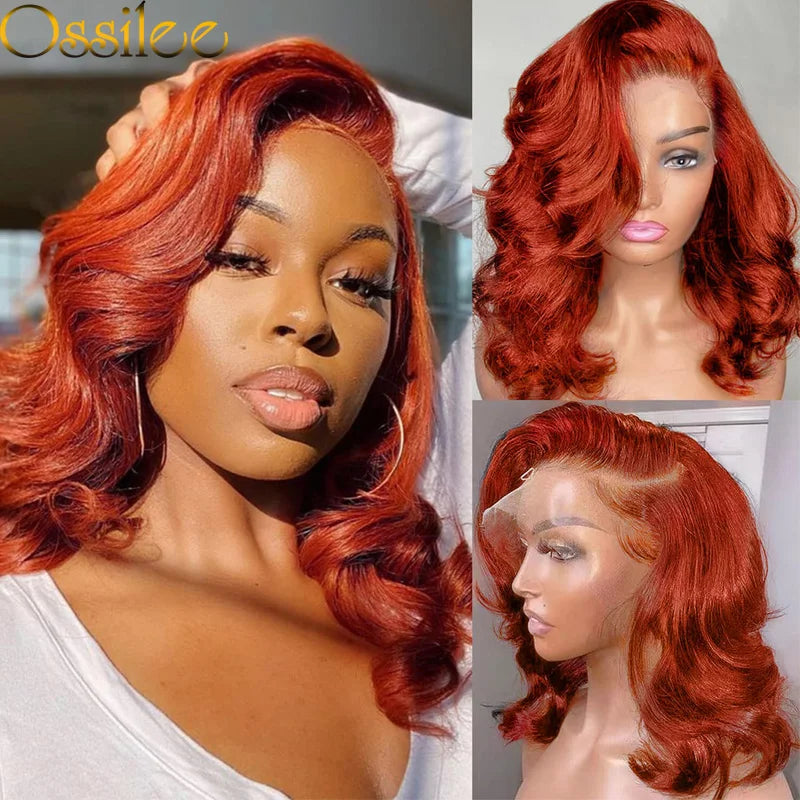 Short Bob 13x6 Full Lace Wig for Black Women Body Wave HD Glueless Lace Front Human Hair Pre-Plucked Brown 99J Ginger P1B/30