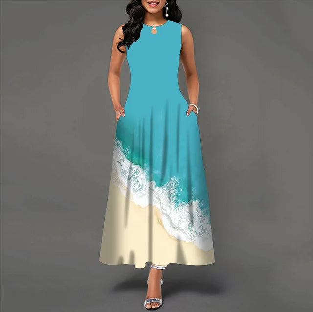 Summer Women's Casual Dr with ket Street Sle round Ne Long Skirt Polyester Fiber Print Design mid Waist No Sve