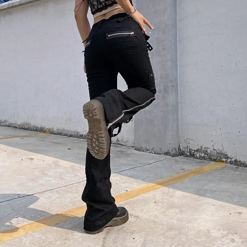 Dark Punk Y2k Grunge Low Waist Emo Jeans Mall Gothic Women Black Patchwork Electro Pants Fashion Streetwear Alt Clothes