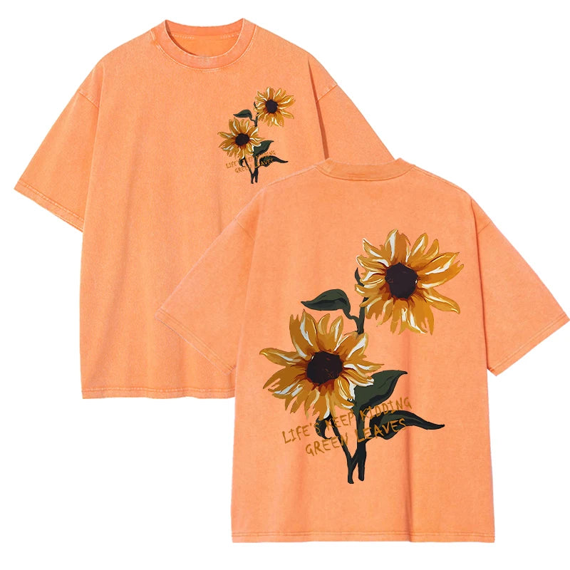 Lift Is Good Beautiful Sunflower Print Washed T Shirts Women Soft Cotton T-Shirt Street Creative Short Sleeve Summer Casual Tops