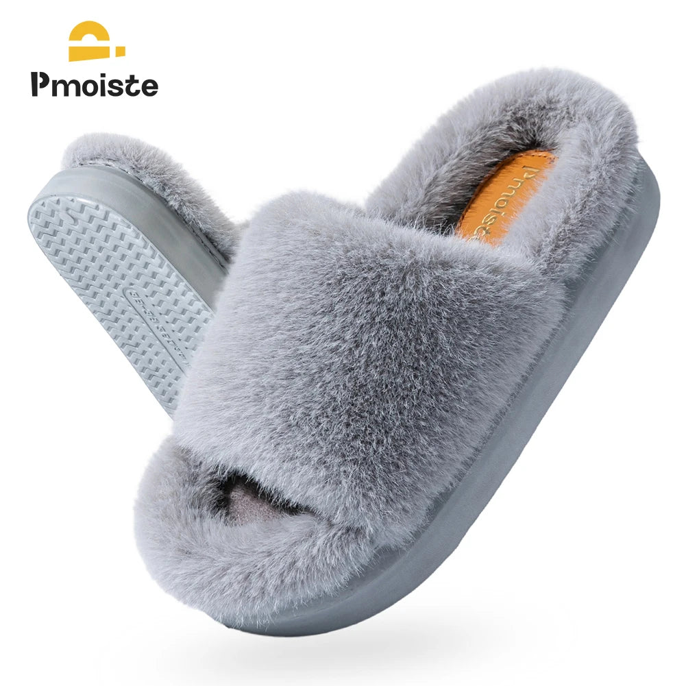 Pmoiste Furry House Slippers Women Comfortable Soft Warm EVA Platform Memory Foam Bedroom Shoes Slip On Winter Girls Indoor