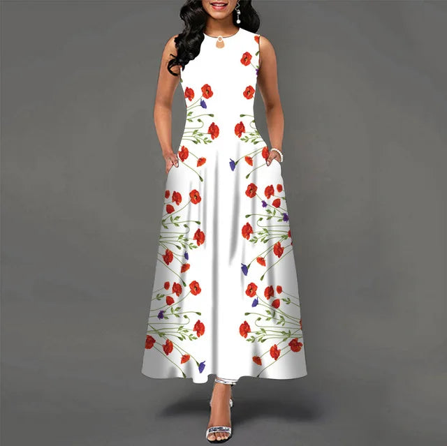 Summer Women's Casual Dr with ket Street Sle round Ne Long Skirt Polyester Fiber Print Design mid Waist No Sve