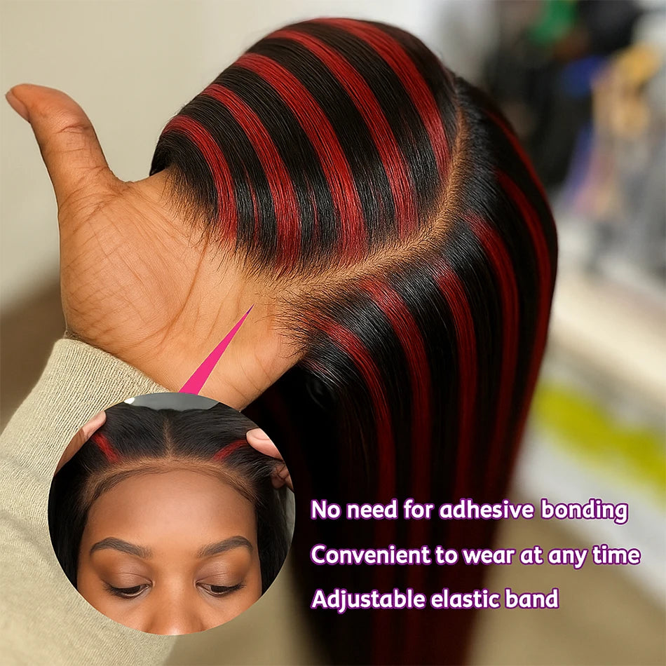 200% Upgraded 1B/99J Black With Red Bone Straight 5x5 Highlight Wig Human Hair Brazilian Burgundy Colored Glueless Wig For Women