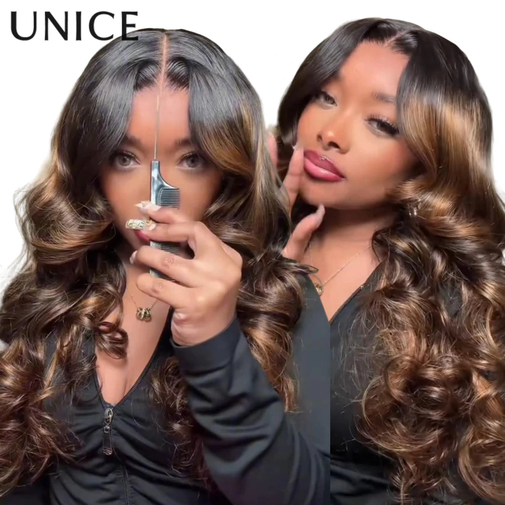 UNice 7x5 Bye Bye Slip™ Glueless Wig Balayage Highlight Body Wave Human Hair Wig With Drawstring 150% 180% Density