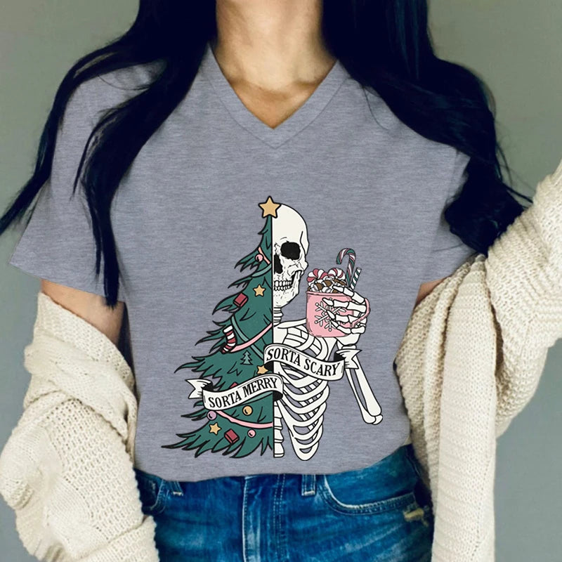 Women Funny Christmas Tree and Skull Graphics Tshirt Sorta Merry Sorta Scary T Shirts Vintage Skeleton Coffee V Neck Xmas Tees