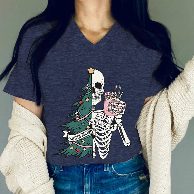 Women Funny Christmas Tree and Skull Graphics Tshirt Sorta Merry Sorta Scary T Shirts Vintage Skeleton Coffee V Neck Xmas Tees