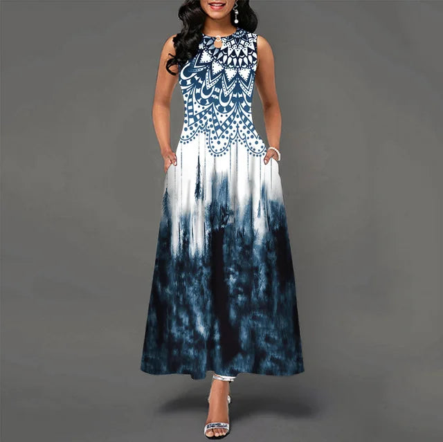 Summer Women's Casual Dr with ket Street Sle round Ne Long Skirt Polyester Fiber Print Design mid Waist No Sve