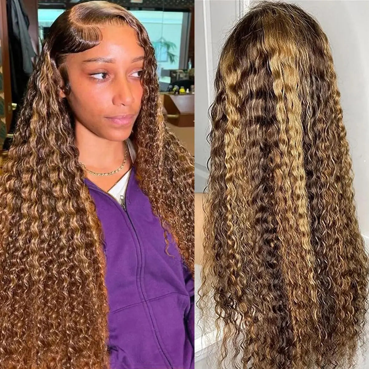 Curly 360 Lace Front Wigs Human Hair Pre Plucked P4/27 Highlight Ombre Deep Wave HD Lace Frontal Human Hair Wig With Drawstring