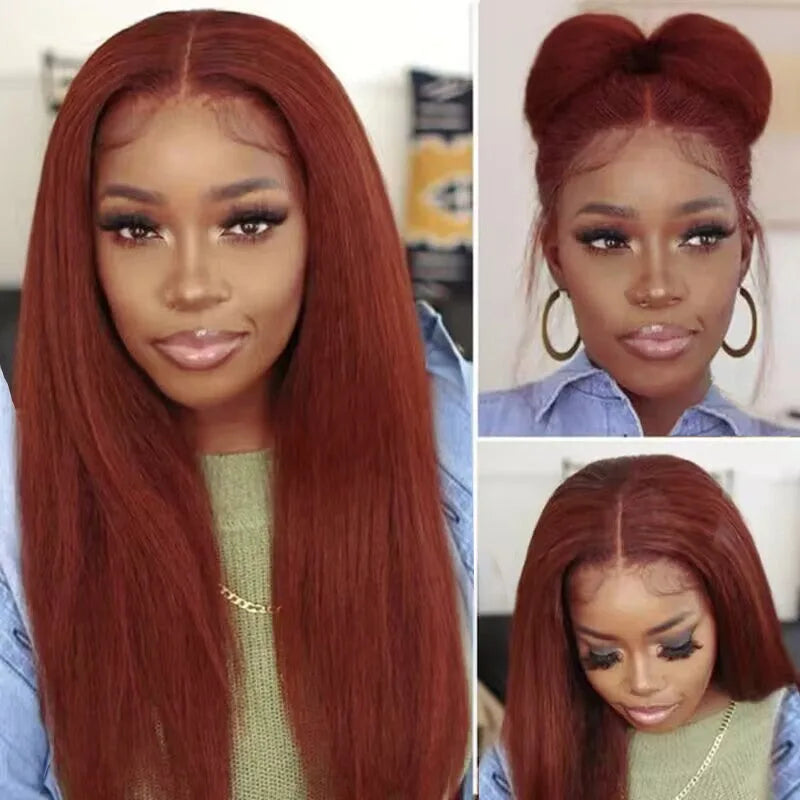 13X4 Reddish Brown Kinky Straight Lace Frontal Wig Human Hair Auburn Copper Yaki Straight 4x4 Transparent Lace Closure Wigs