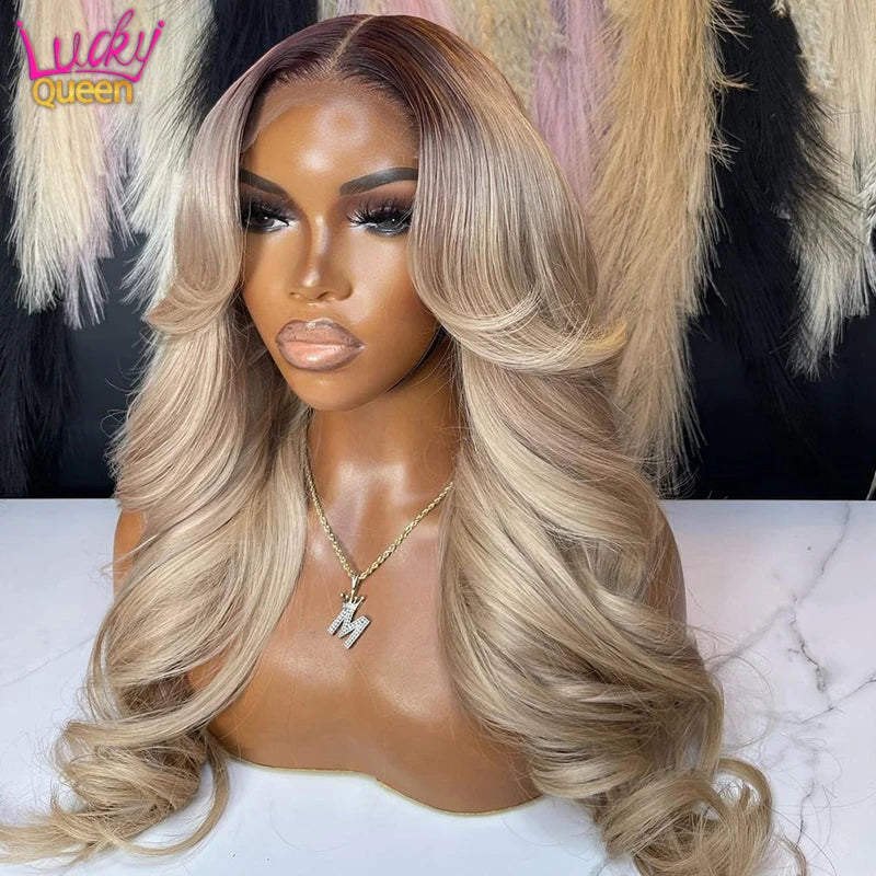 13X6 Ombre Blonde Colored Frontal Wig Human Hair for Women Transparent 13X6 Lace Front Human Hair Wig with Dark Root Pre Plucked