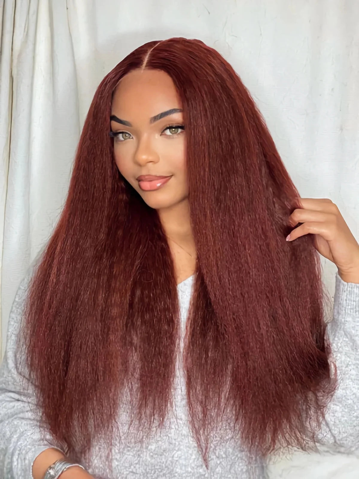 13X4 Reddish Brown Kinky Straight Lace Frontal Wig Human Hair Auburn Copper Yaki Straight 4x4 Transparent Lace Closure Wigs
