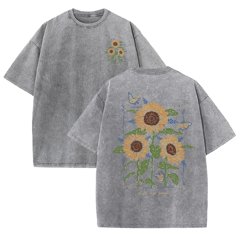 Lift Is Good Beautiful Sunflower Print Washed T Shirts Women Soft Cotton T-Shirt Street Creative Short Sleeve Summer Casual Tops