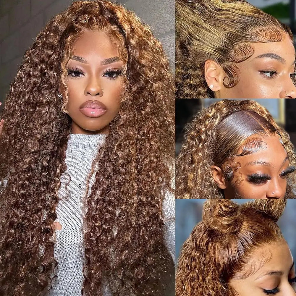 Curly 360 Lace Front Wigs Human Hair Pre Plucked P4/27 Highlight Ombre Deep Wave HD Lace Frontal Human Hair Wig With Drawstring