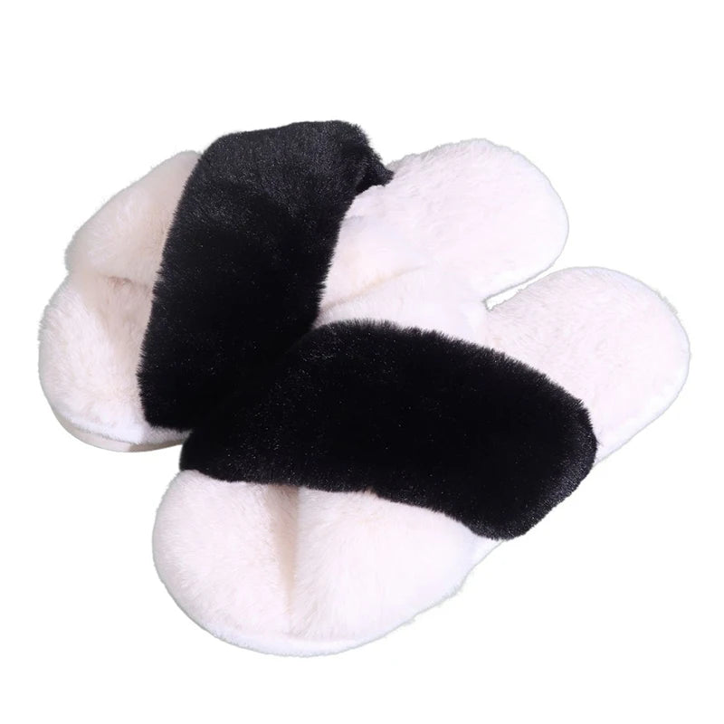 Sexy Cross Leopard Plush Women Slippers Lightweight Soft Sole Cotton Slides Autumn Winter Open-toe Warm Flat Heel Flip Flops
