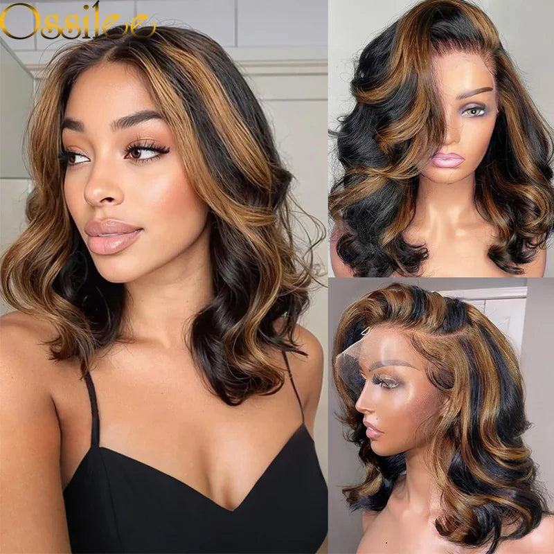 Short Bob 13x6 Full Lace Wig for Black Women Body Wave HD Glueless Lace Front Human Hair Pre-Plucked Brown 99J Ginger P1B/30