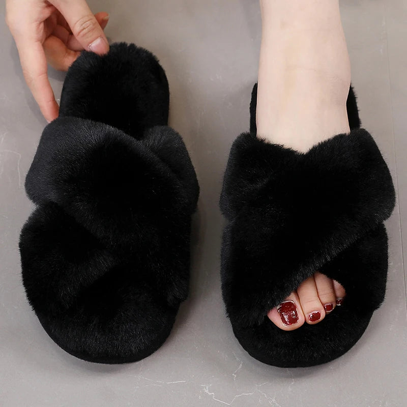 Sexy Cross Leopard Plush Women Slippers Lightweight Soft Sole Cotton Slides Autumn Winter Open-toe Warm Flat Heel Flip Flops