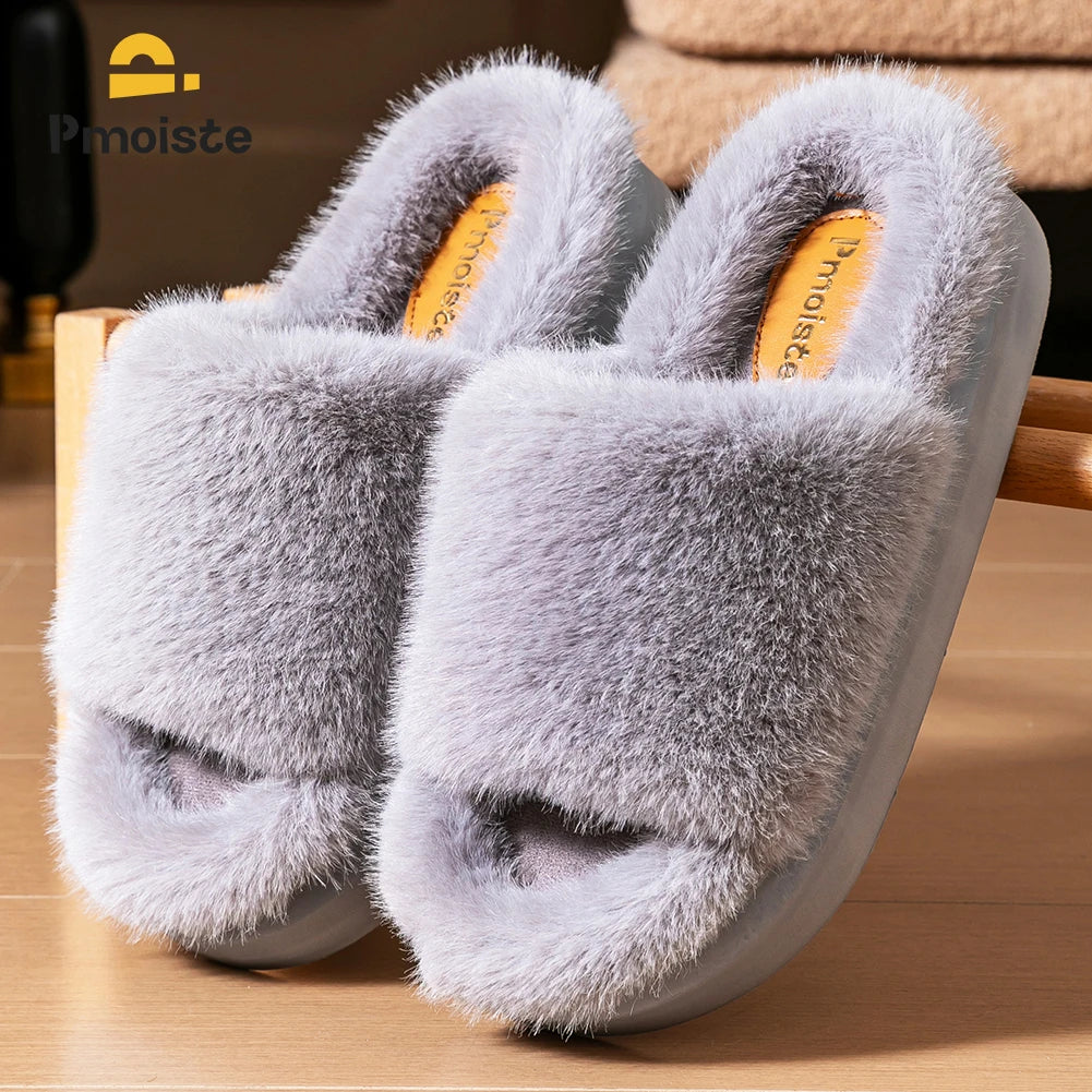 Fur Slippers Women Platform EVA Soles Memory Foam Winter Cozy Open Toe Breathable Living Room Shoes Luxury
