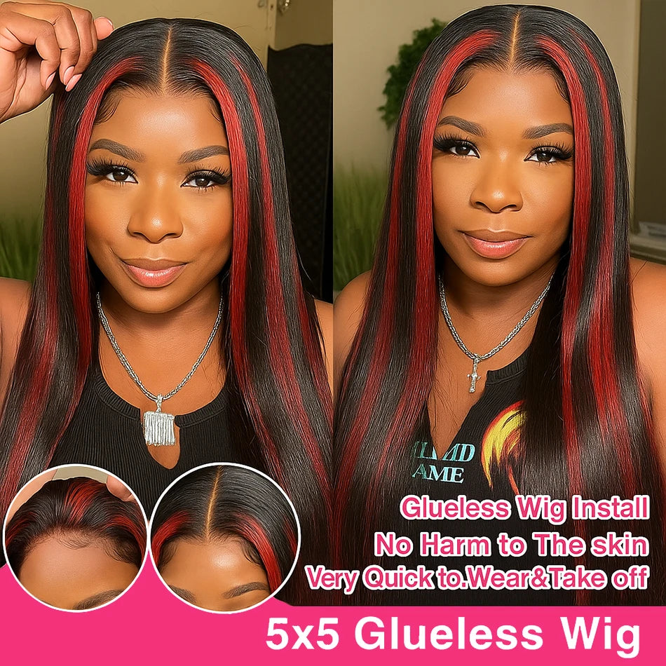 200% Upgraded 1B/99J Black With Red Bone Straight 5x5 Highlight Wig Human Hair Brazilian Burgundy Colored Glueless Wig For Women