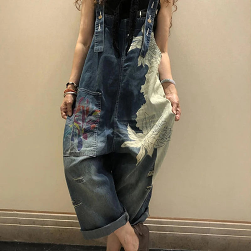 AmaxluluE 2025 Females Fashion Overalls Ladies Summer Printed Denim Pantalons Vintage Casual Jeans Womens Loose Vintage Trousers