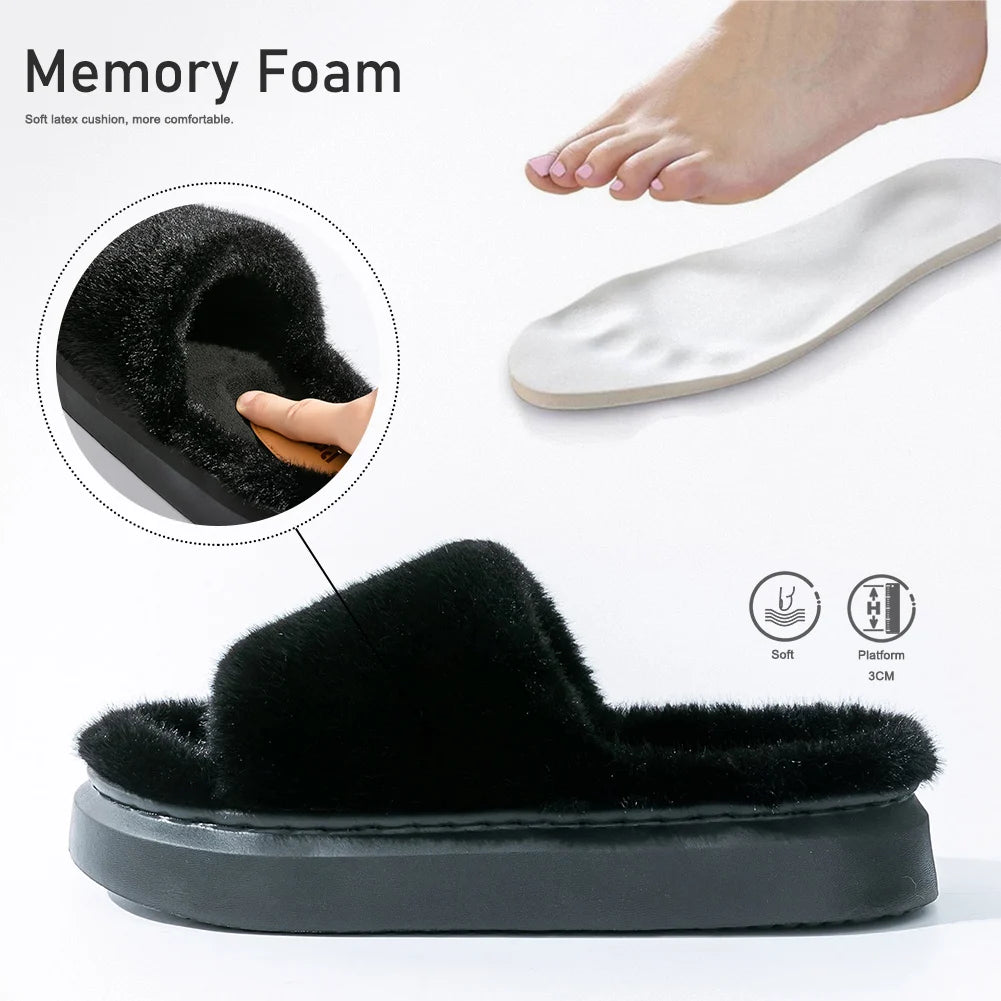 Pmoiste Furry House Slippers Women Comfortable Soft Warm EVA Platform Memory Foam Bedroom Shoes Slip On Winter Girls Indoor