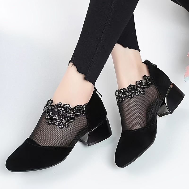 Women's Flower Rhinestone Mesh Block Heels, Fashion Back Zipper Solid, Versatile Dress Low Heels