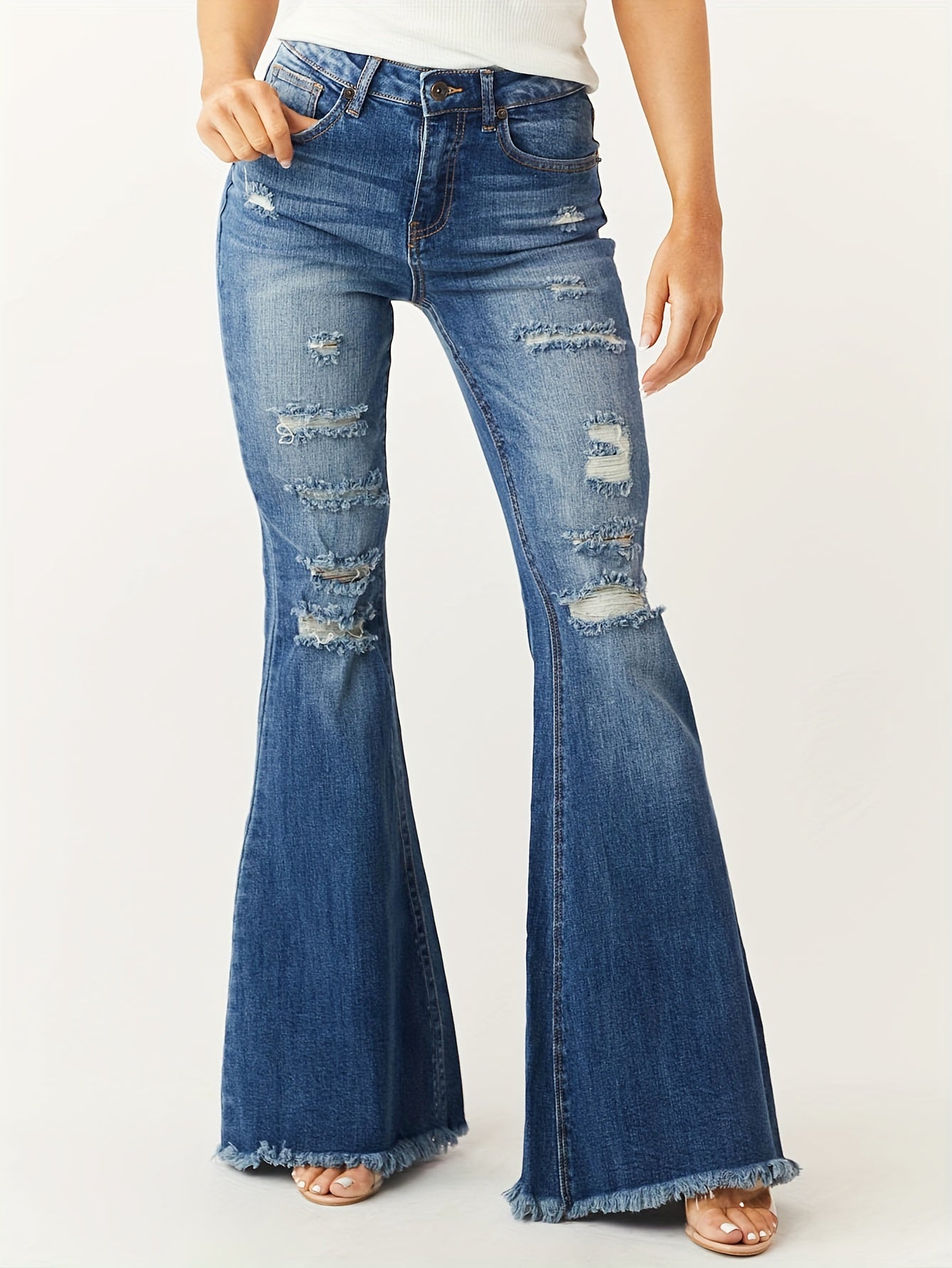 Fashionable Flared Leg Jeans - Ripped Detail & Raw Hem - Vintage Casual Style for Women