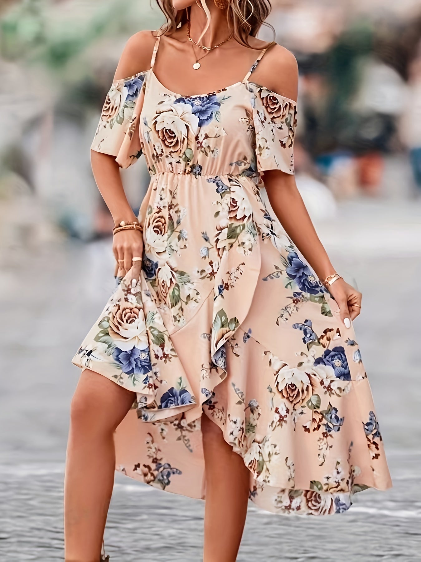 1pc Women'S Elegant Floral Print Ruffle Dress, 100% Polyester Strapless Fit and Flare Summer Dress with Woven Detail for Adult