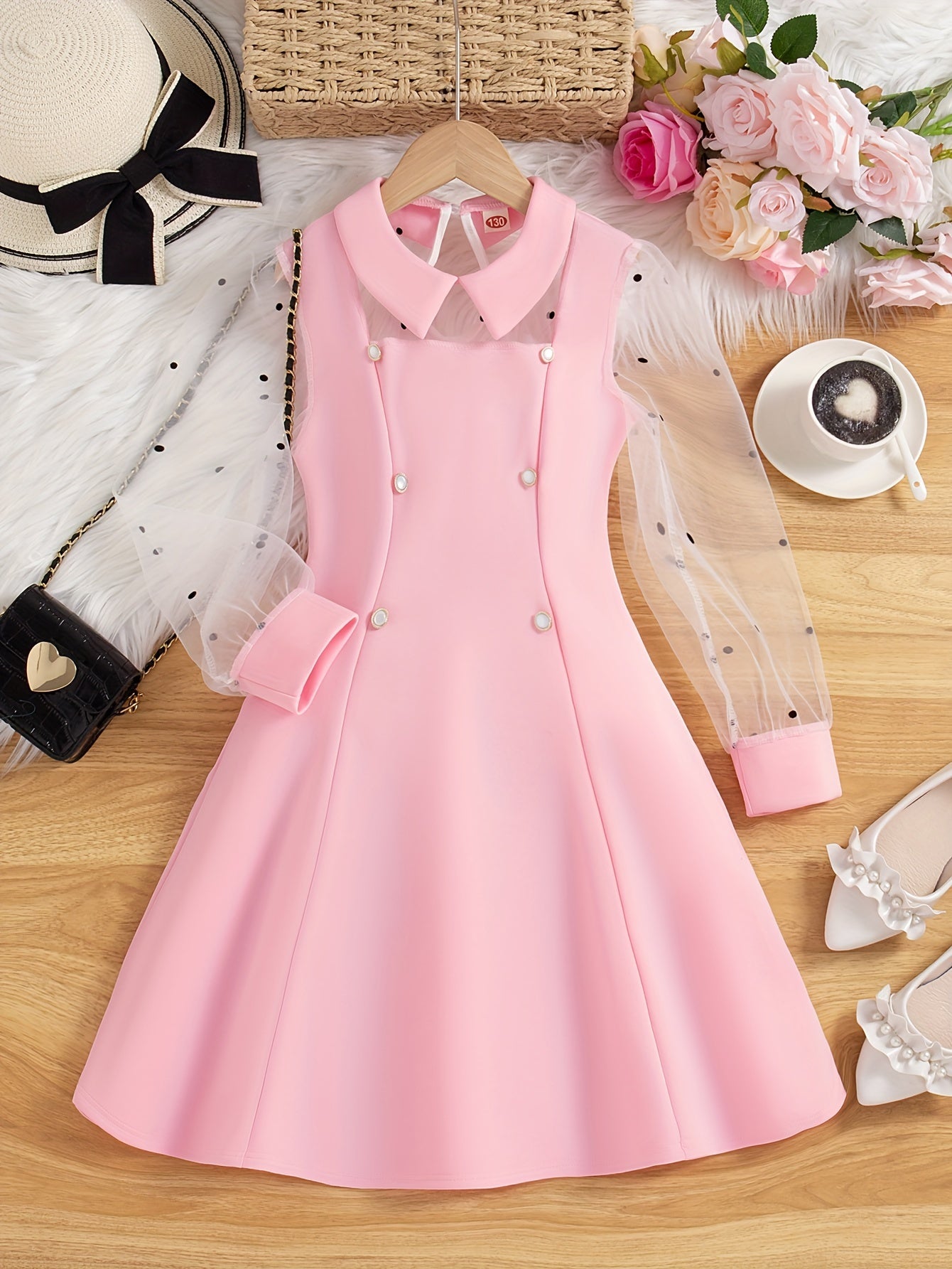 Midi Length Elegant Girls Long Sleeve Summer Dress - Lapel Collared, Mesh Panel, Flared Hem, Non-Stretch Polyester, Solid Color, Regular Fit - Perfect for Teenagers