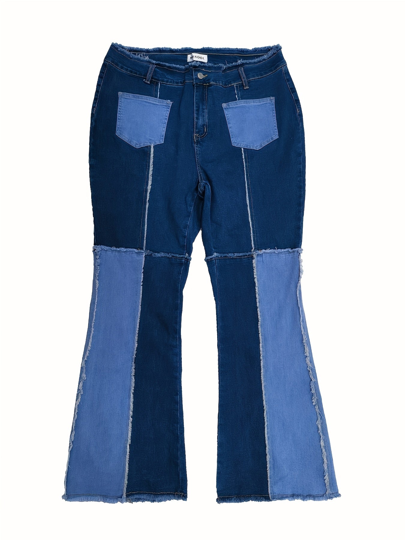 Plus Size High Stretch Flared Leg Street Style Jeans - Colorblock Raw Trim, High Rise, Zipper Fly, Long Length, Geometric Pattern, All-Season Denim Pants for Weekend Casual