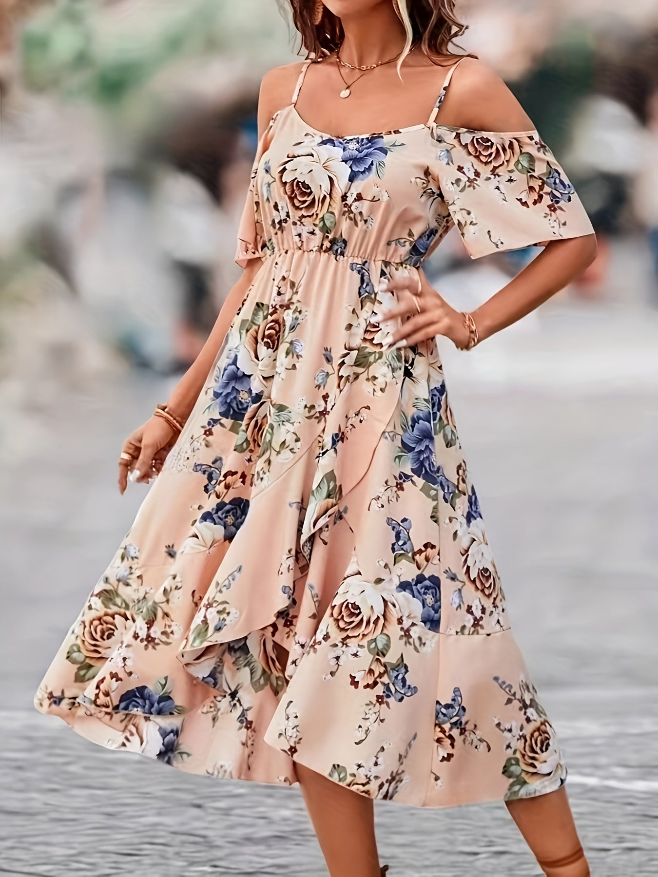 1pc Women'S Elegant Floral Print Ruffle Dress, 100% Polyester Strapless Fit and Flare Summer Dress with Woven Detail for Adult