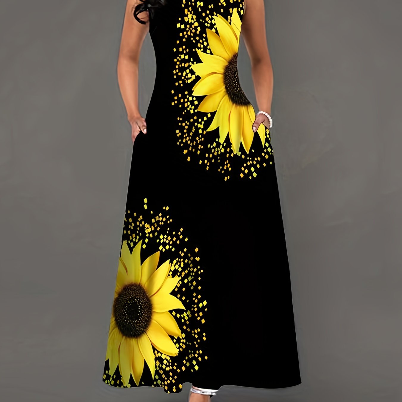 [Casual Keyhole Dress] Elegant Casual Sunflower Print Keyhole Dress | Women's Maxi Sleeveless Crew Neck Dress With Pocket