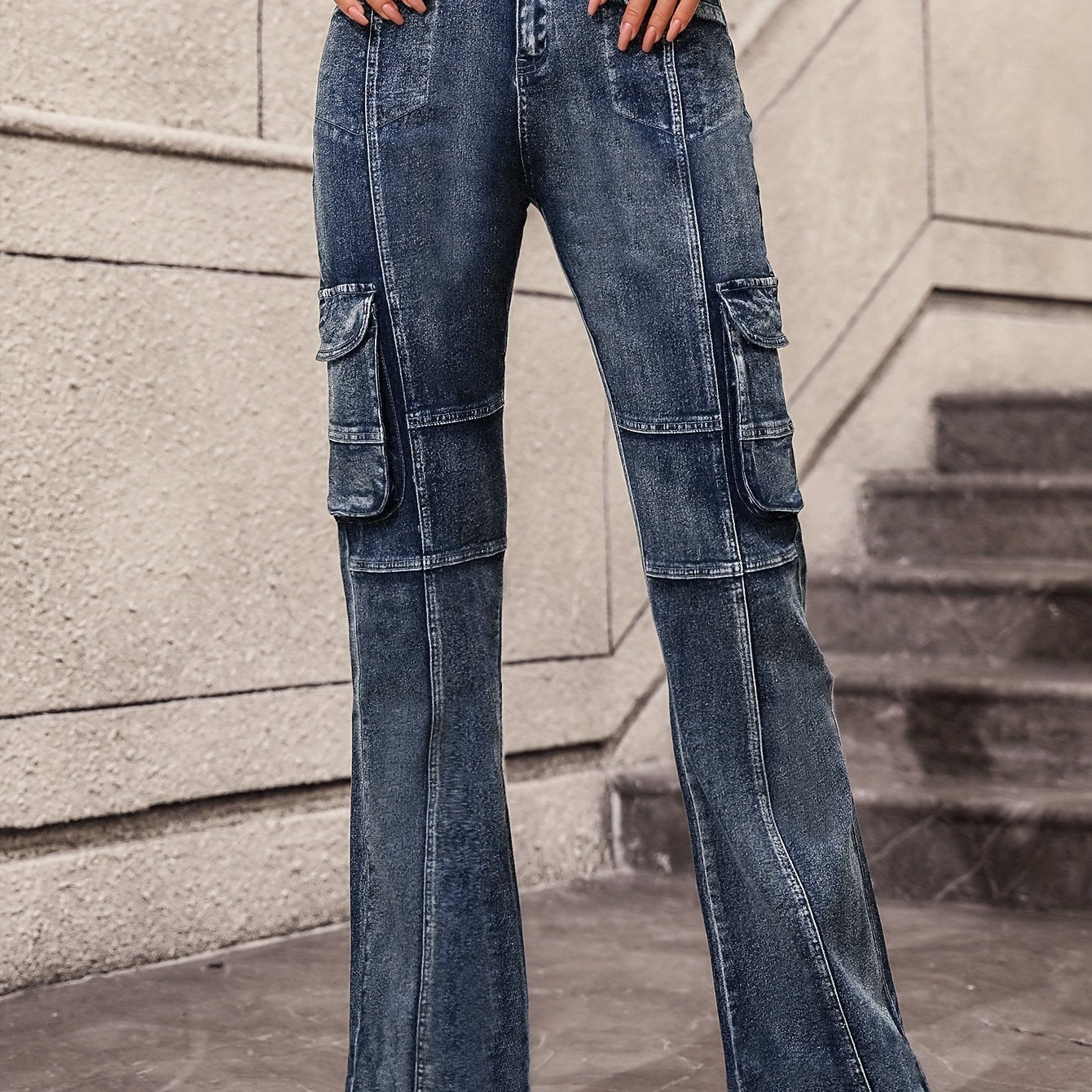 Blue Flap Pockets Cargo Pants, High Waist High-Stretch Y2K Style Pintuck Jeans, Women's Denim Jeans & Clothing