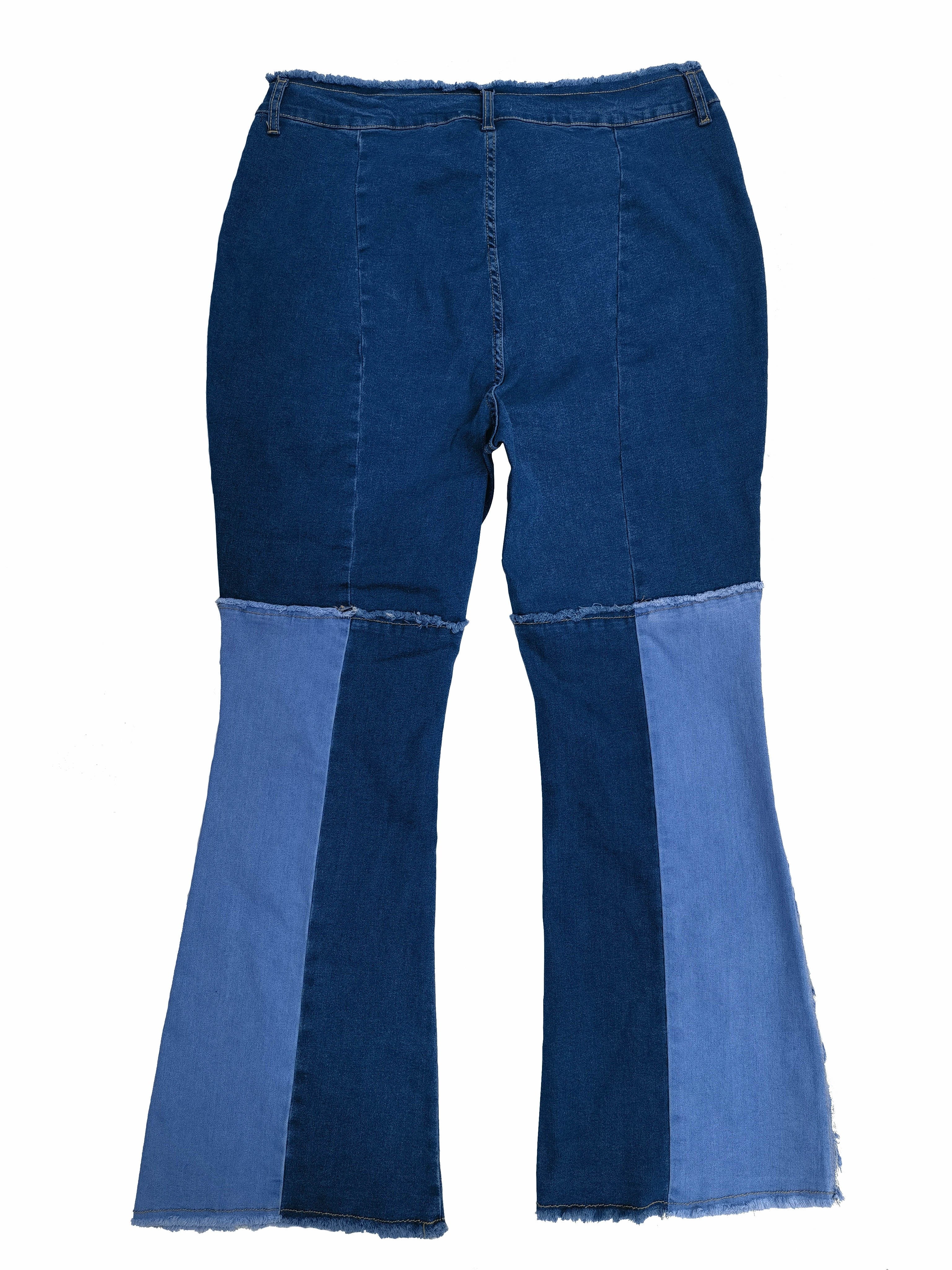 Plus Size High Stretch Flared Leg Street Style Jeans - Colorblock Raw Trim, High Rise, Zipper Fly, Long Length, Geometric Pattern, All-Season Denim Pants for Weekend Casual