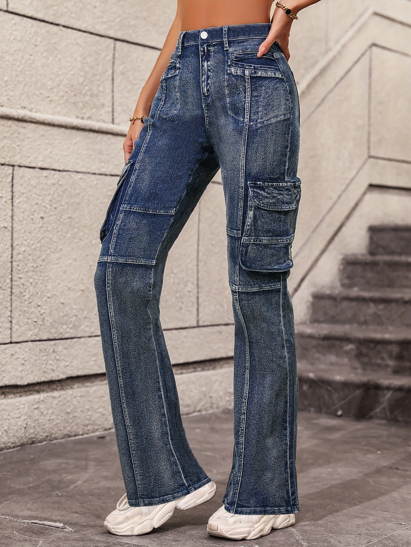Blue Flap Pockets Cargo Pants, High Waist High-Stretch Y2K Style Pintuck Jeans, Women's Denim Jeans & Clothing