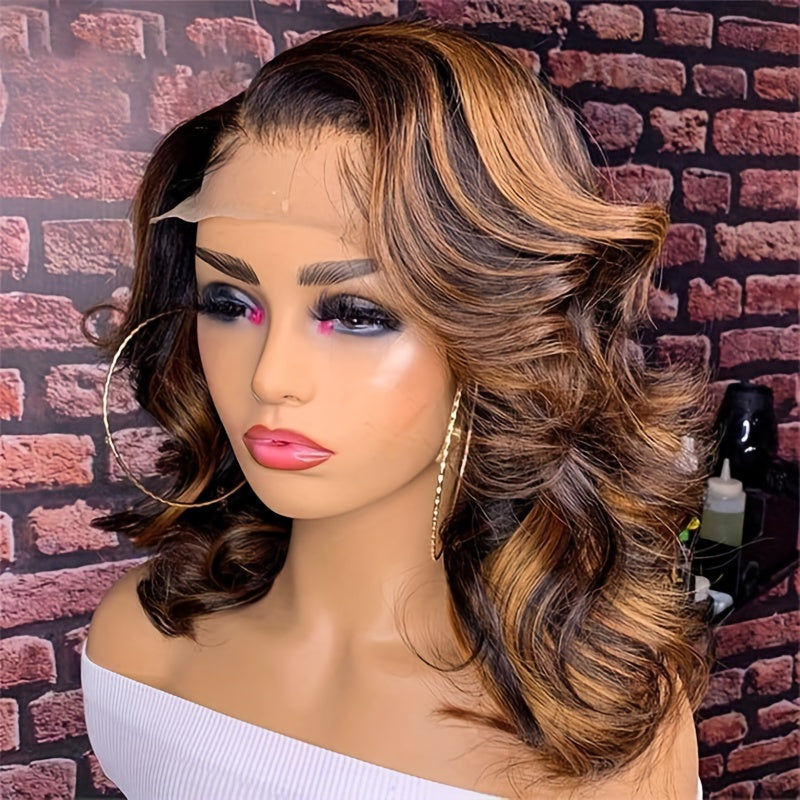 14" Ombre Body Wave Bob Lace Front Wig - 4x4 Highlighted Human Hair, 180% Density with Baby Hair, Elegant Short Wavy Style for Women, Natural Brown to Blonde Gradient, Perfect for Everyday or Special Occasions, Versatile Hair