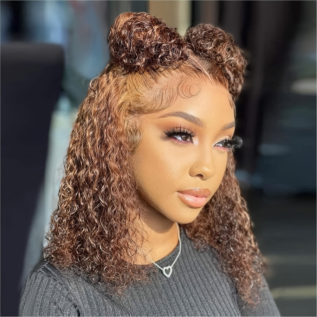 -Looking Human Hair Wig with 150% Density - Deep Wave/curly Bob with 13x4 Lace Front, Ombre Hair Color ( to Dark) | for all Light Beige Tones | Christmas Weddings Photoshoots | Suitable for all ethnic