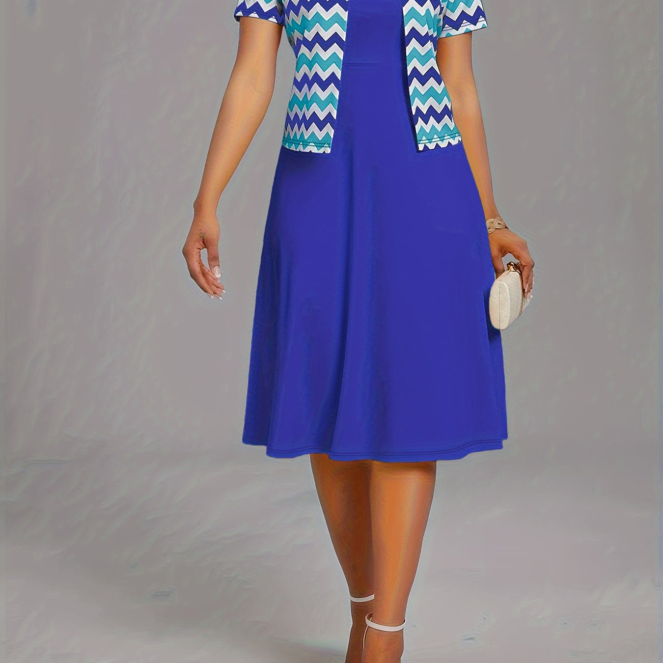 Chic Spring & Summer Dress Set - Stylish Wave Pattern Open Front Cardigan & Soft Solid Color Crew Neck Dress Outfit - Perfect for Casual Elegance