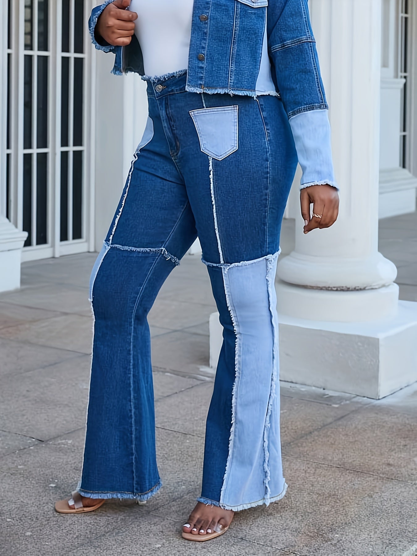Plus Size High Stretch Flared Leg Street Style Jeans - Colorblock Raw Trim, High Rise, Zipper Fly, Long Length, Geometric Pattern, All-Season Denim Pants for Weekend Casual