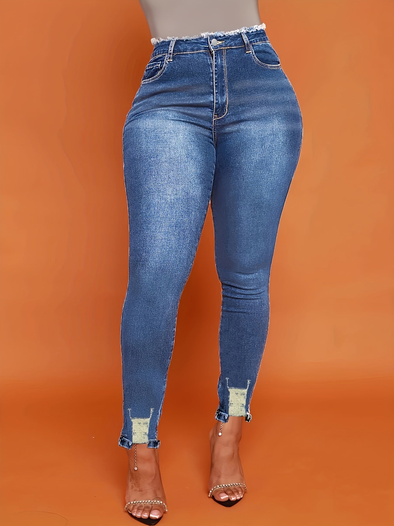 Chic & Stylish Blue Ripped Skinny Jeans for Women - Versatile, High-Stretch, Easy-Care Denim with Raw Hem