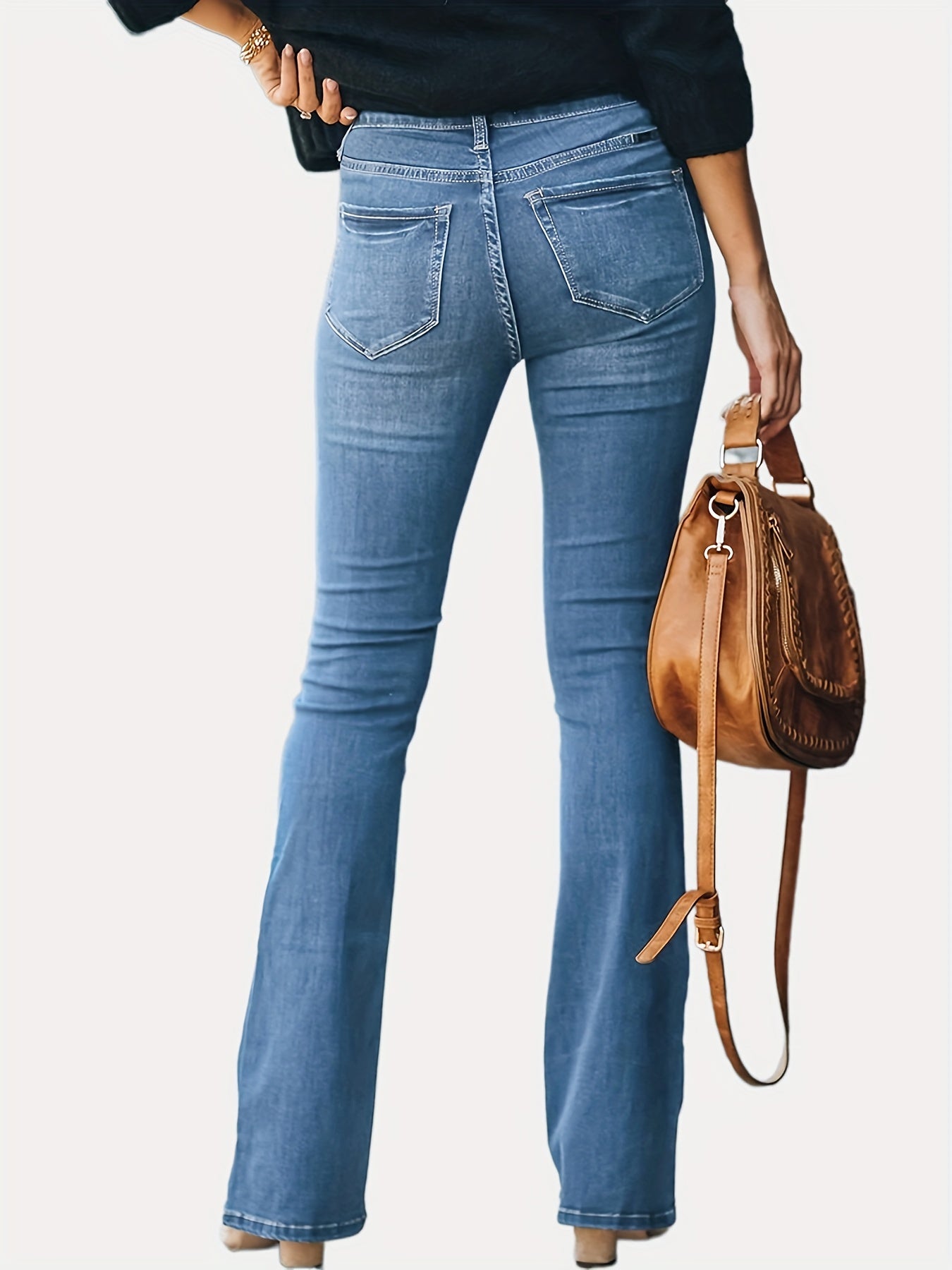 Chic Bootcut Stretch Denim Jeans - Dark Blue, All-Season Streetwear with Easy-Care and Comfort Fit