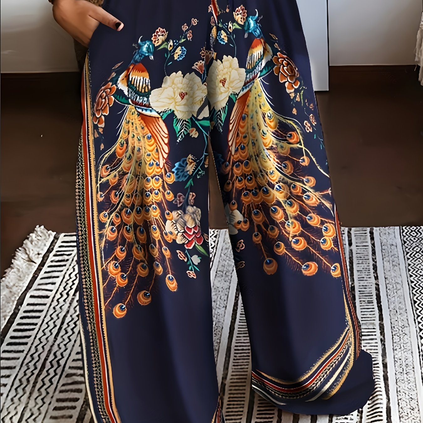 2023 Fashion Peacock Single-Sided Brushed Printed Long Pants