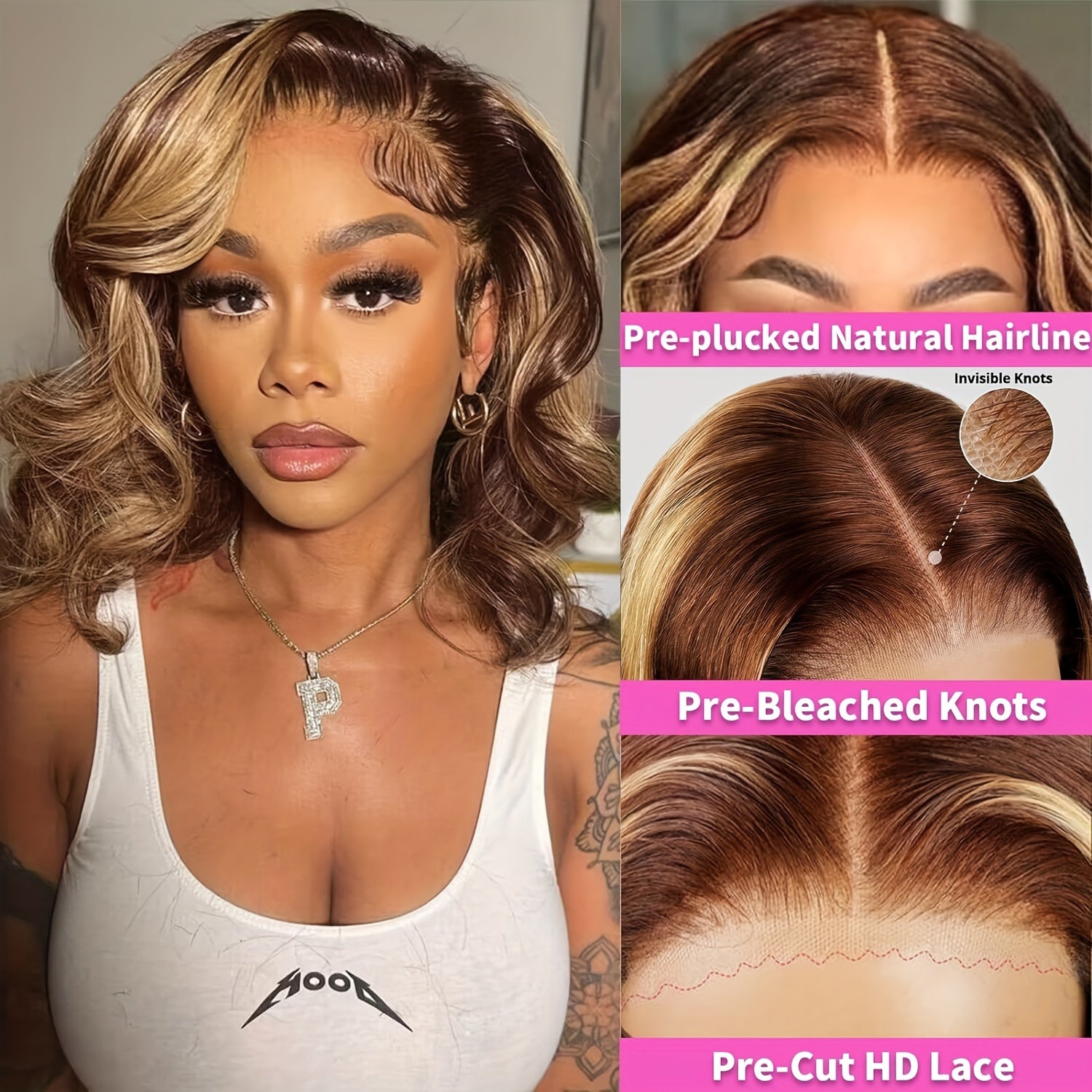 14" Ombre Body Wave Bob Lace Front Wig - 4x4 Highlighted Human Hair, 180% Density with Baby Hair, Elegant Short Wavy Style for Women, Natural Brown to Blonde Gradient, Perfect for Everyday or Special Occasions, Versatile Hair