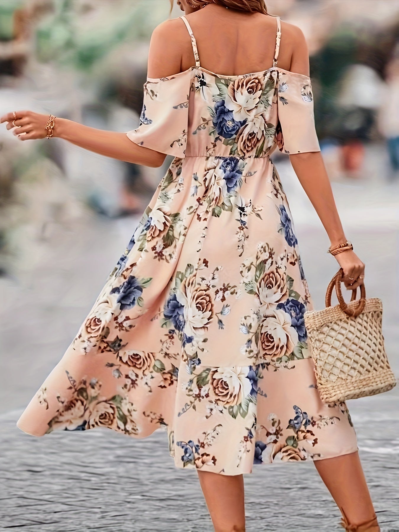 1pc Women'S Elegant Floral Print Ruffle Dress, 100% Polyester Strapless Fit and Flare Summer Dress with Woven Detail for Adult