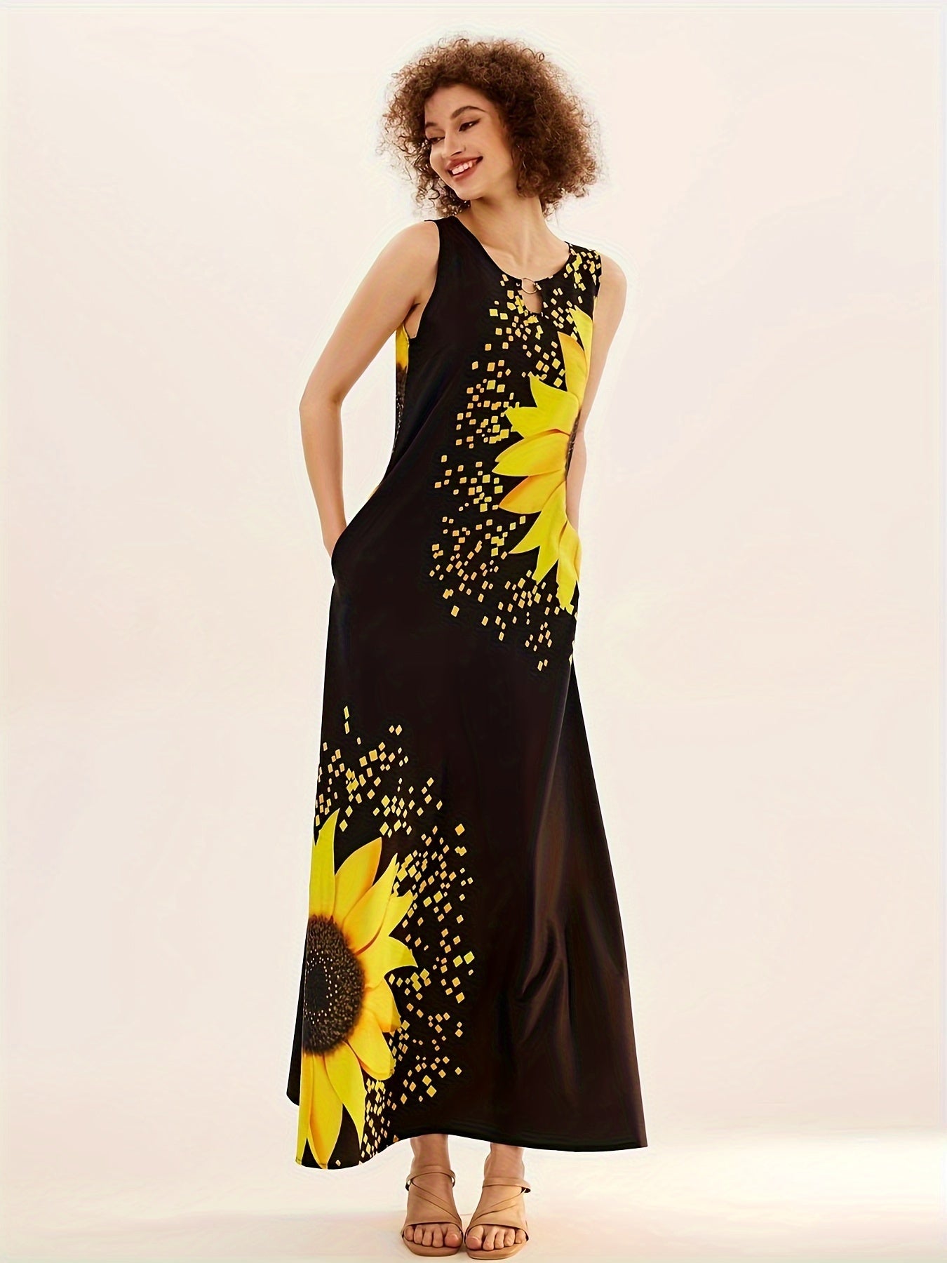 [Casual Keyhole Dress] Elegant Casual Sunflower Print Keyhole Dress | Women's Maxi Sleeveless Crew Neck Dress With Pocket
