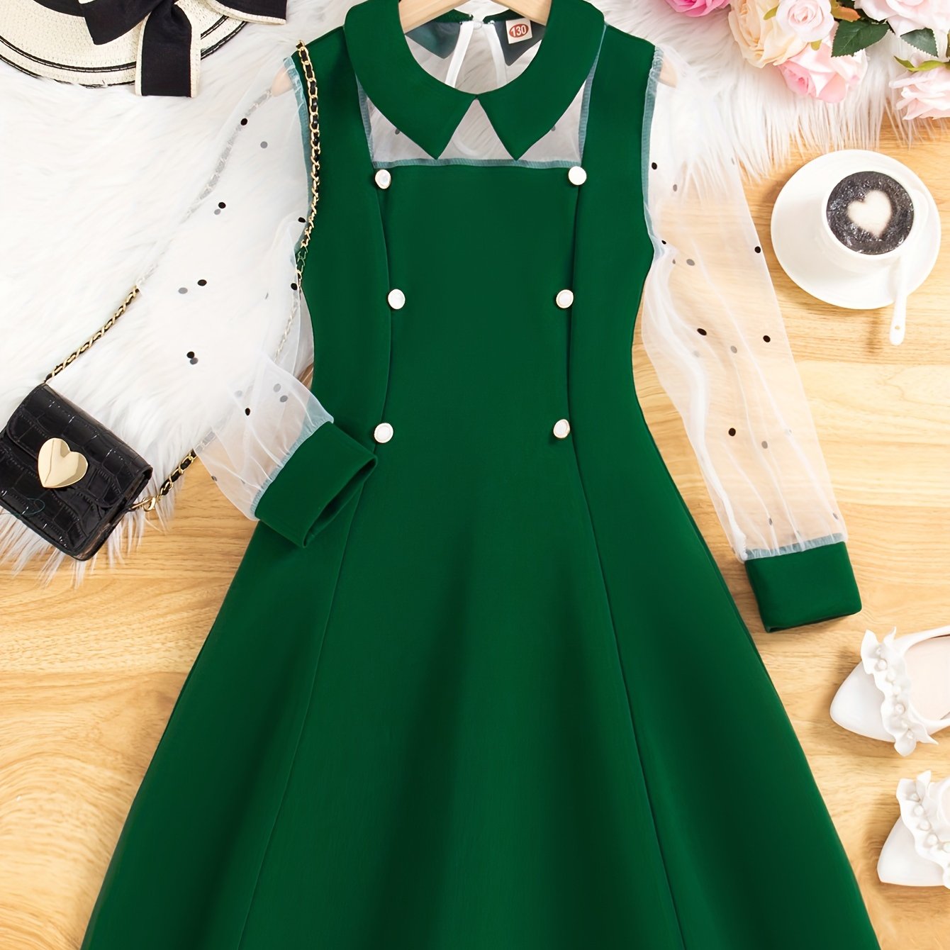 Midi Length Elegant Girls Long Sleeve Summer Dress - Lapel Collared, Mesh Panel, Flared Hem, Non-Stretch Polyester, Solid Color, Regular Fit - Perfect for Teenagers