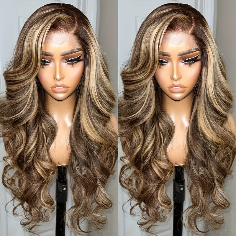 Blonde Highlight Body Wave HD 4x4 Lace Closure Human Hair Wig - High Gloss 4/27 Wig for Women, Density, Natural Look with Soft Curls, Perfect for Everyday & Special Occasions, Versatile Hairpiece, Sleek Hairpiece, Secure Fit