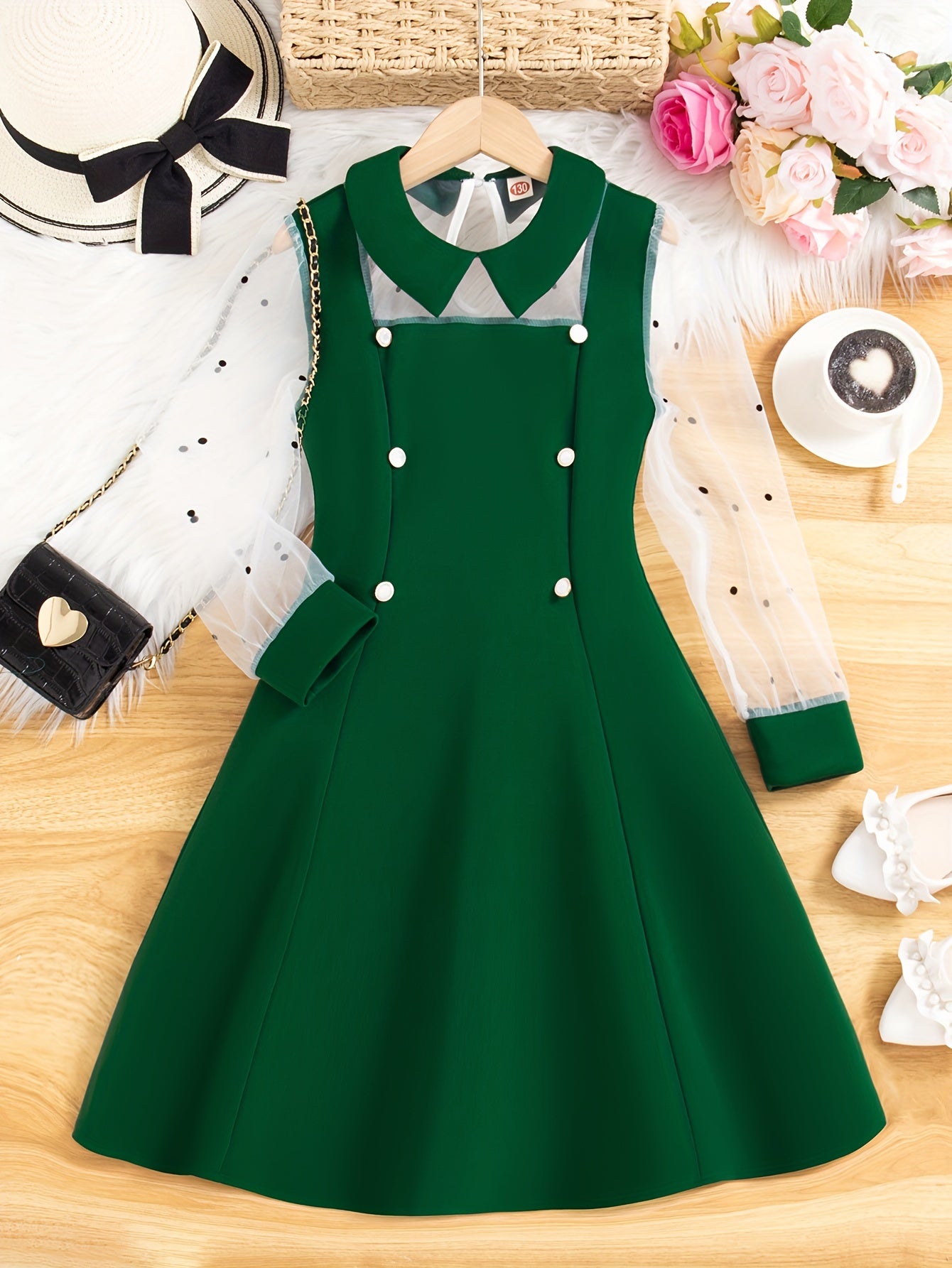 Midi Length Elegant Girls Long Sleeve Summer Dress - Lapel Collared, Mesh Panel, Flared Hem, Non-Stretch Polyester, Solid Color, Regular Fit - Perfect for Teenagers